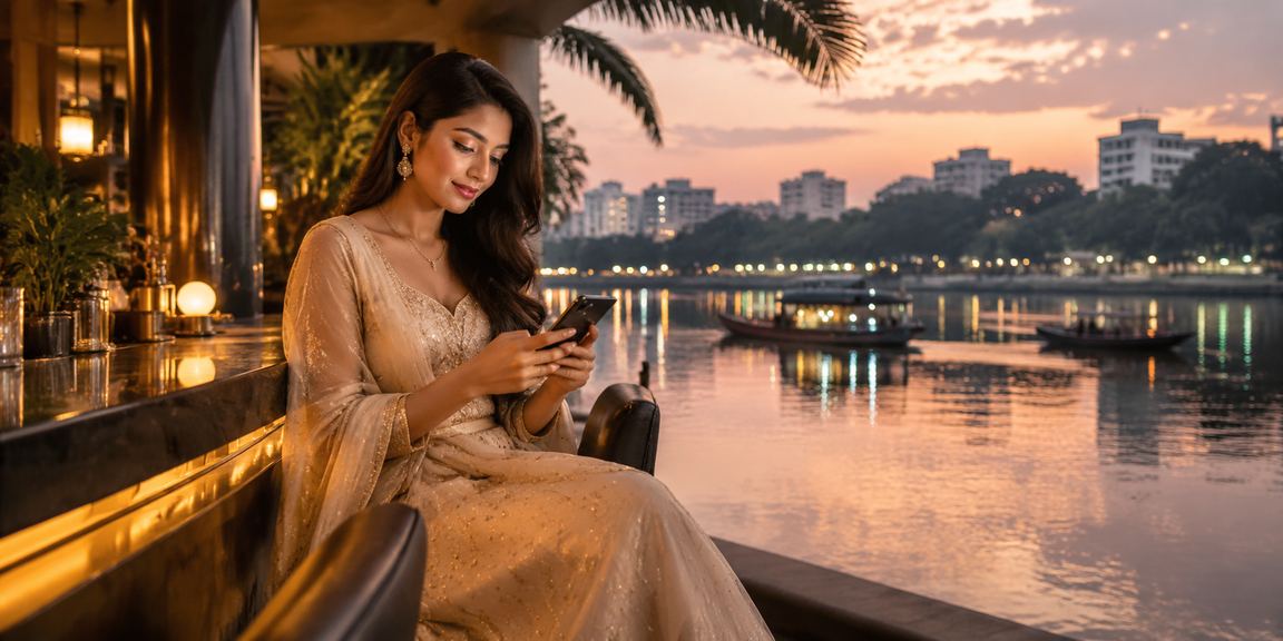 ঢাকায় একজন মডেল মোবাইলে 75bet ক্যাসিনো ব্যবহার করছেন